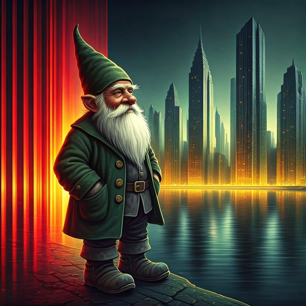 Gnome at the Edge of Dusk in Neon Dreamscape