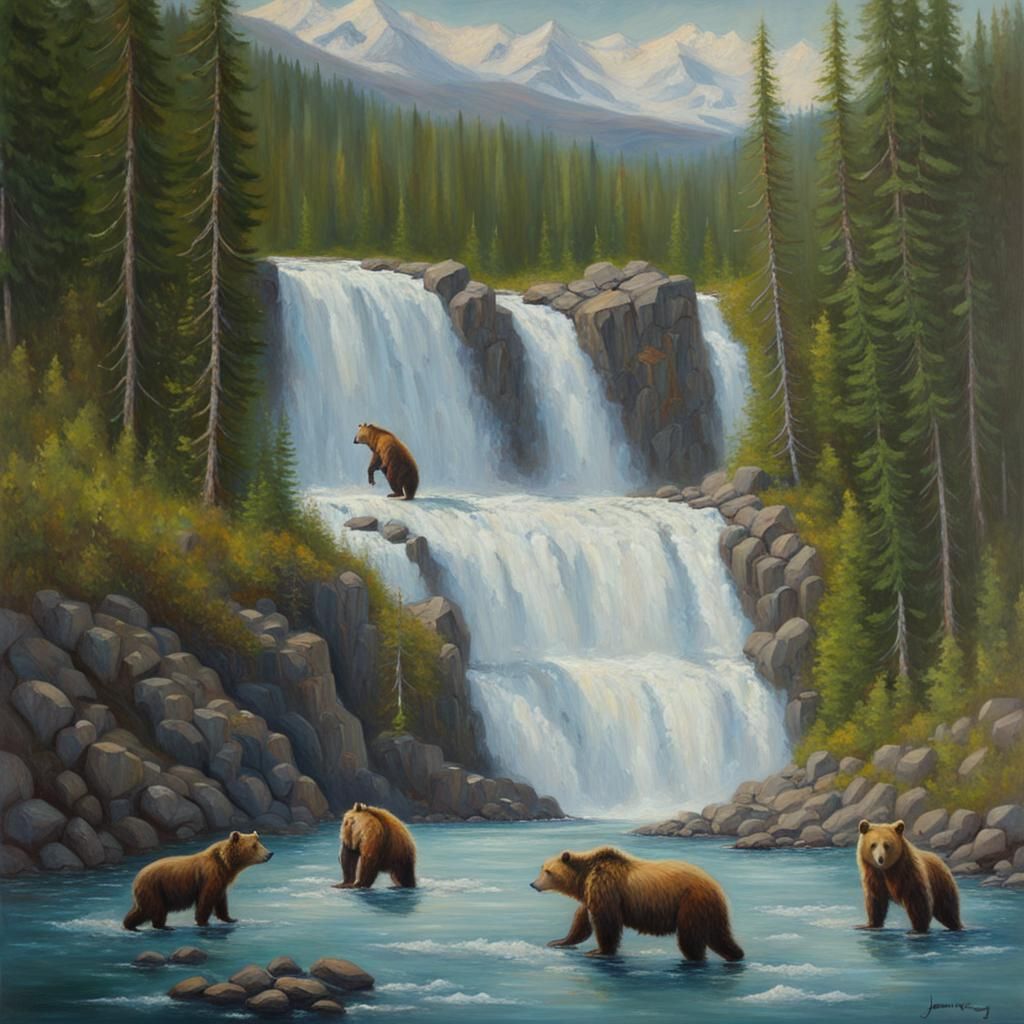 Alaskan Bears at Waterfall: An Oil Painting