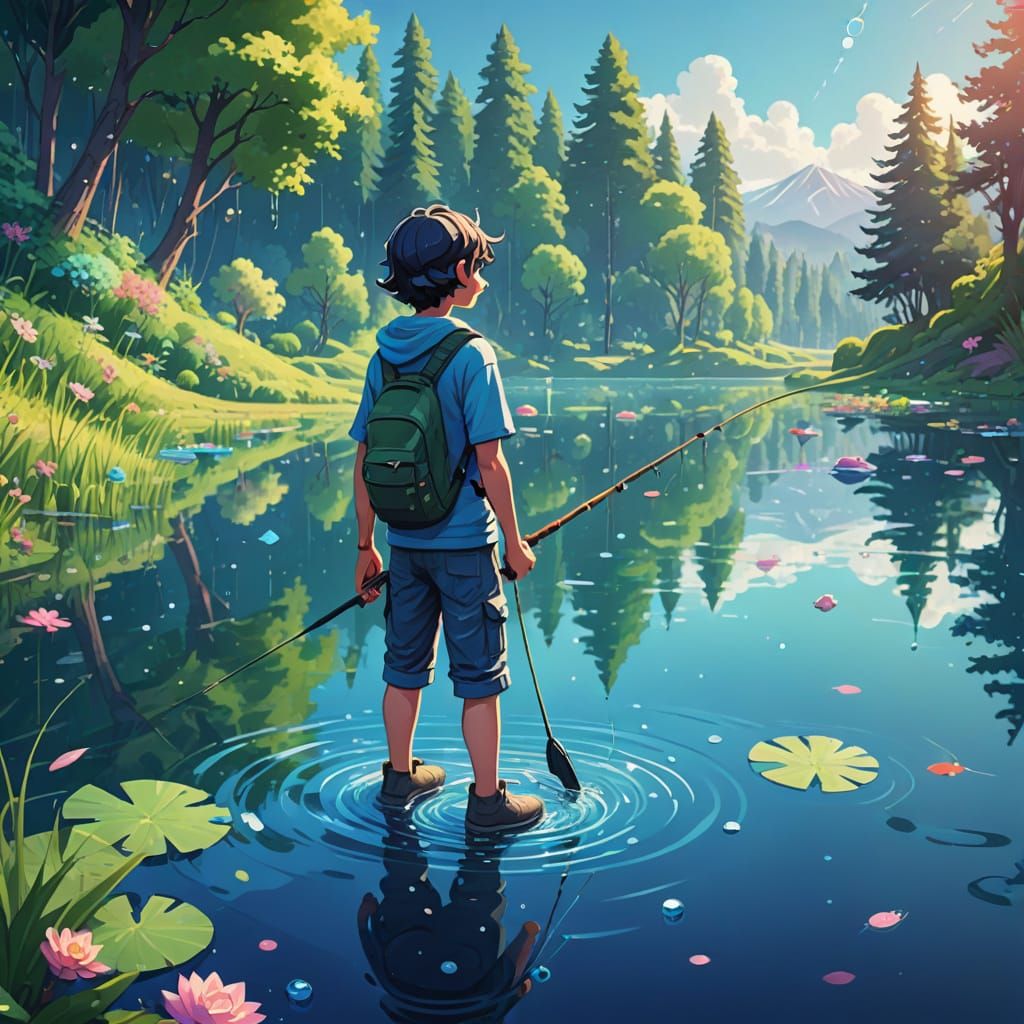 Boy Fishing in Blue Lake, Steven Universe Style