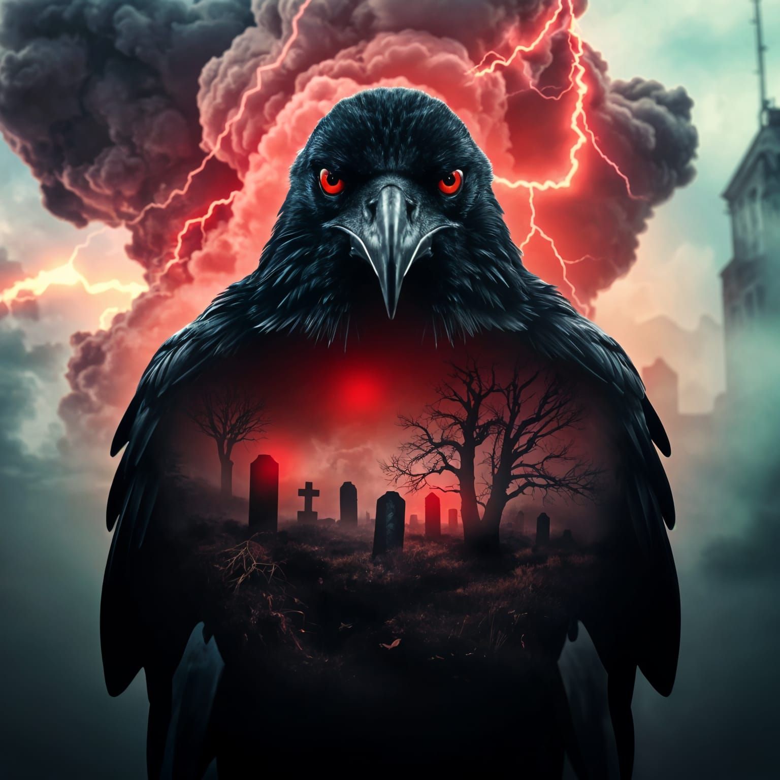 Gothic Horror Raven with Storm Clouds and Graveyard Double E...