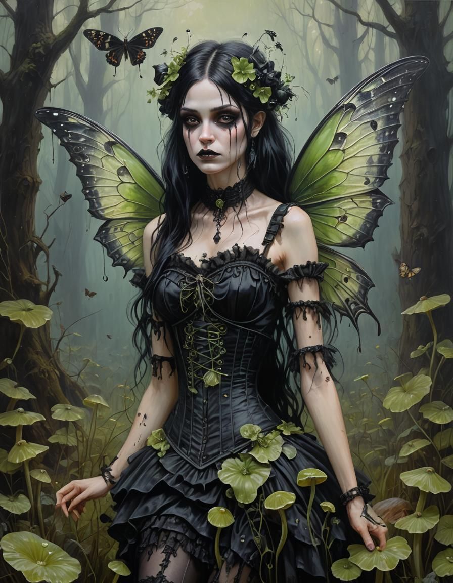 Gothic Fairy with Moth Wings in Oil Painting Style