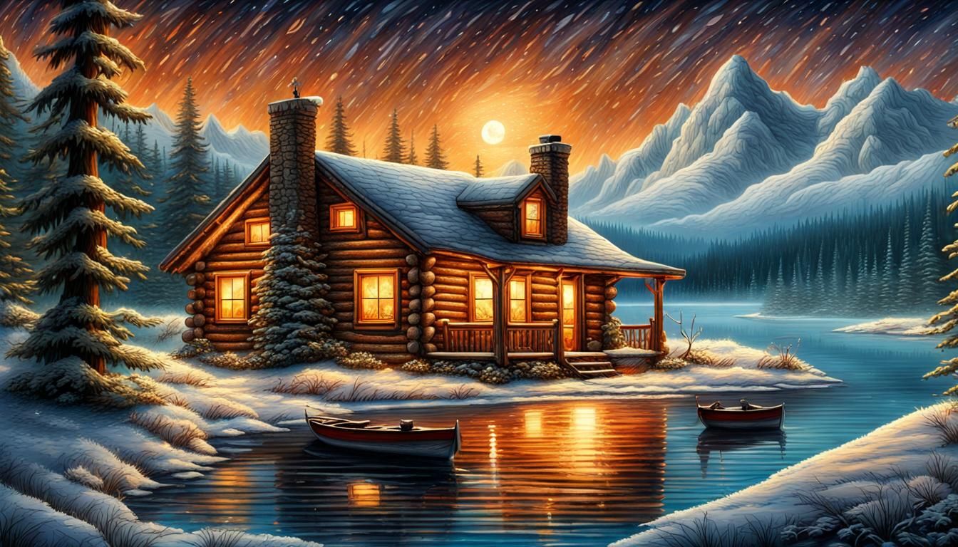 Rustic Cabin in Winter Landscape, Redlin Style