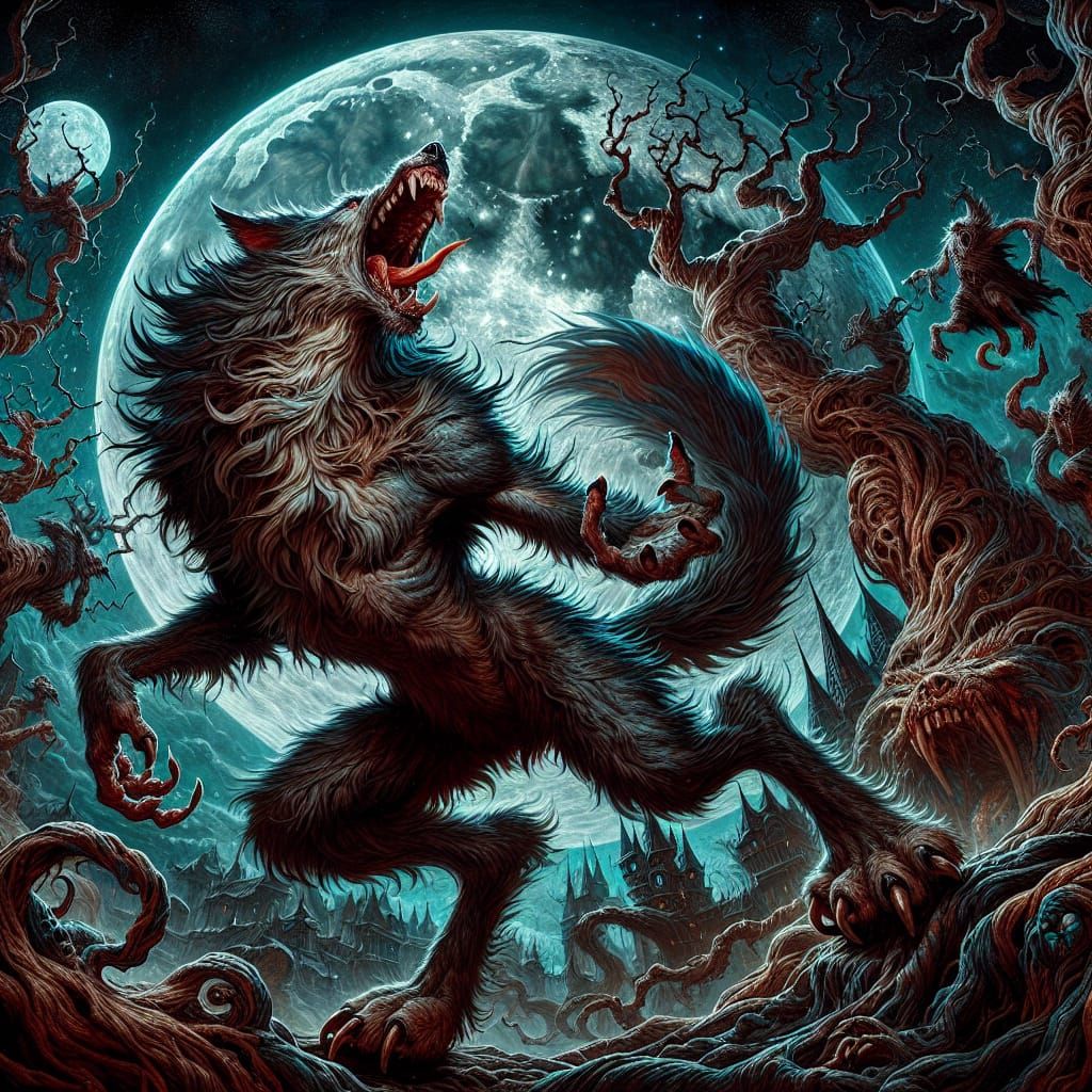 Werewolf Dances Under a Full Moon in Matte Painting Style