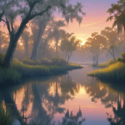 Alligators in Louisiana Bayou at Sunset: Hyperrealistic Digi...