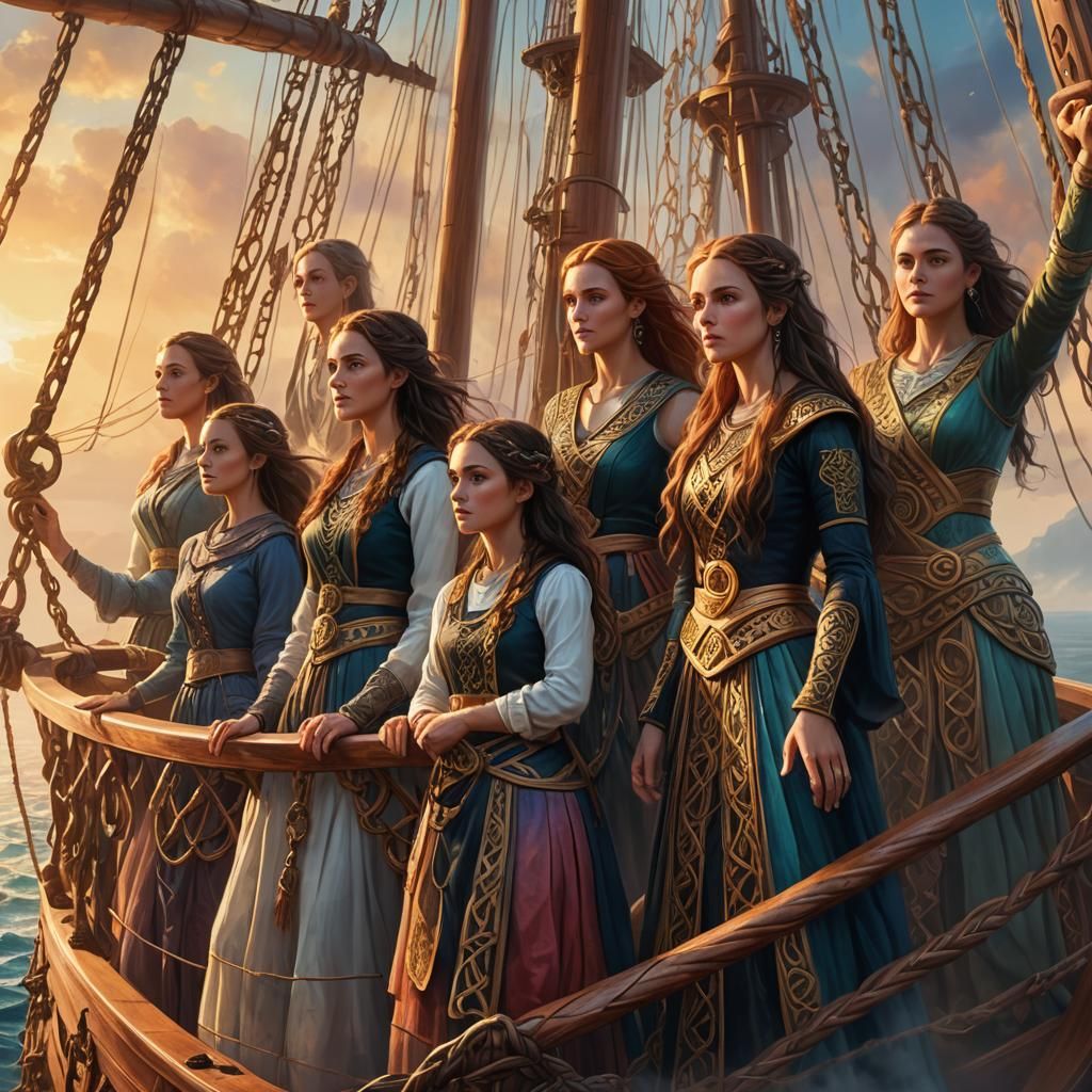 Fitan and Women on Sailing Ship: Celtic Fantasy Art