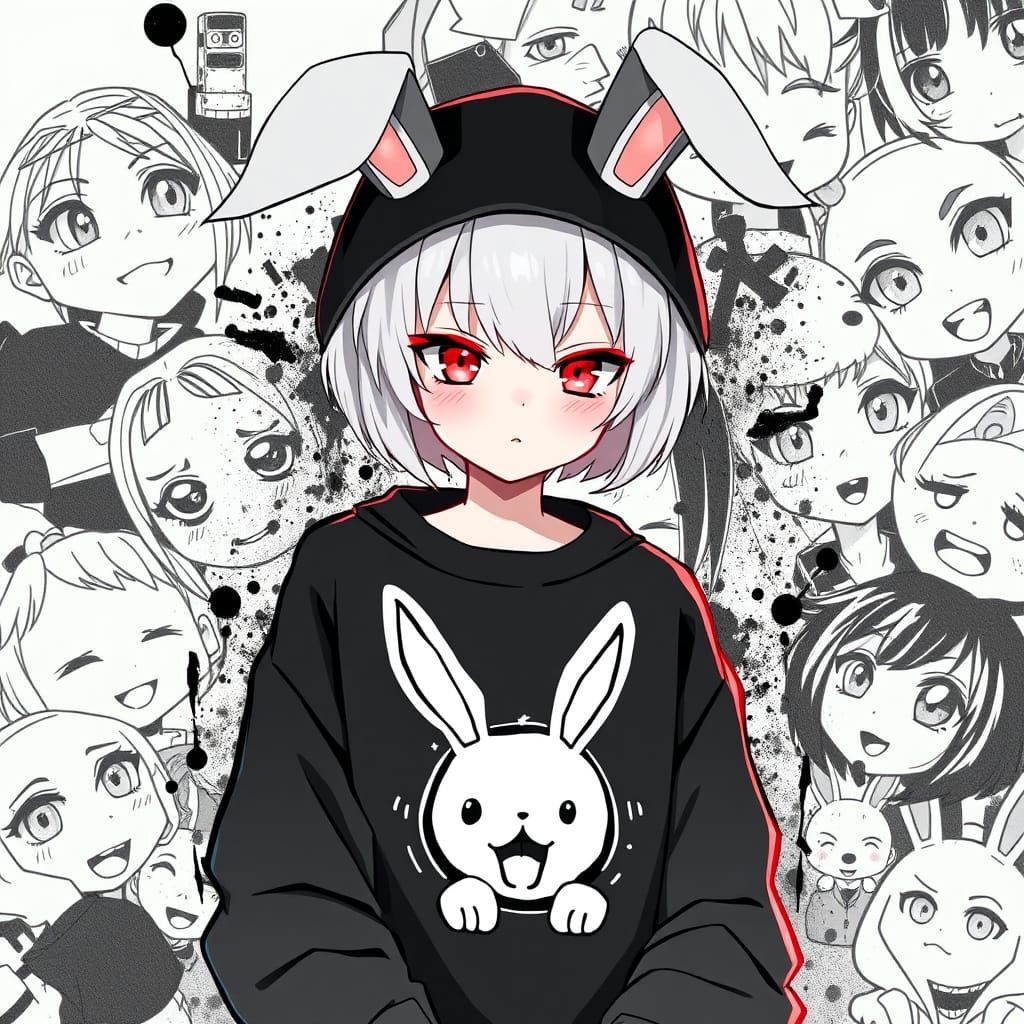 Cyberpunk Anime Girl with Edgy Bunny Ears and Graffiti Sweat...
