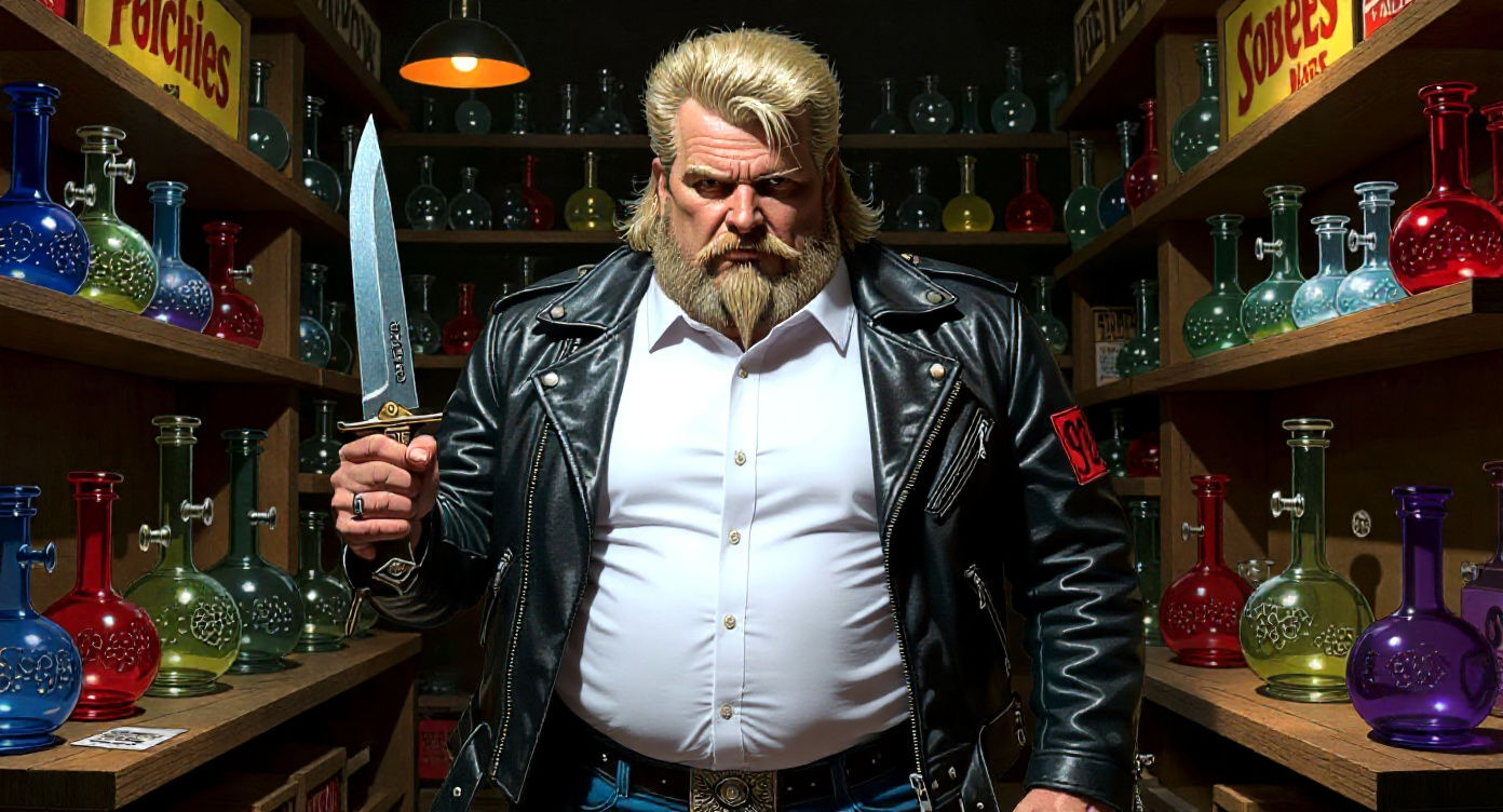 Man with Knife in Dimly Lit Shop