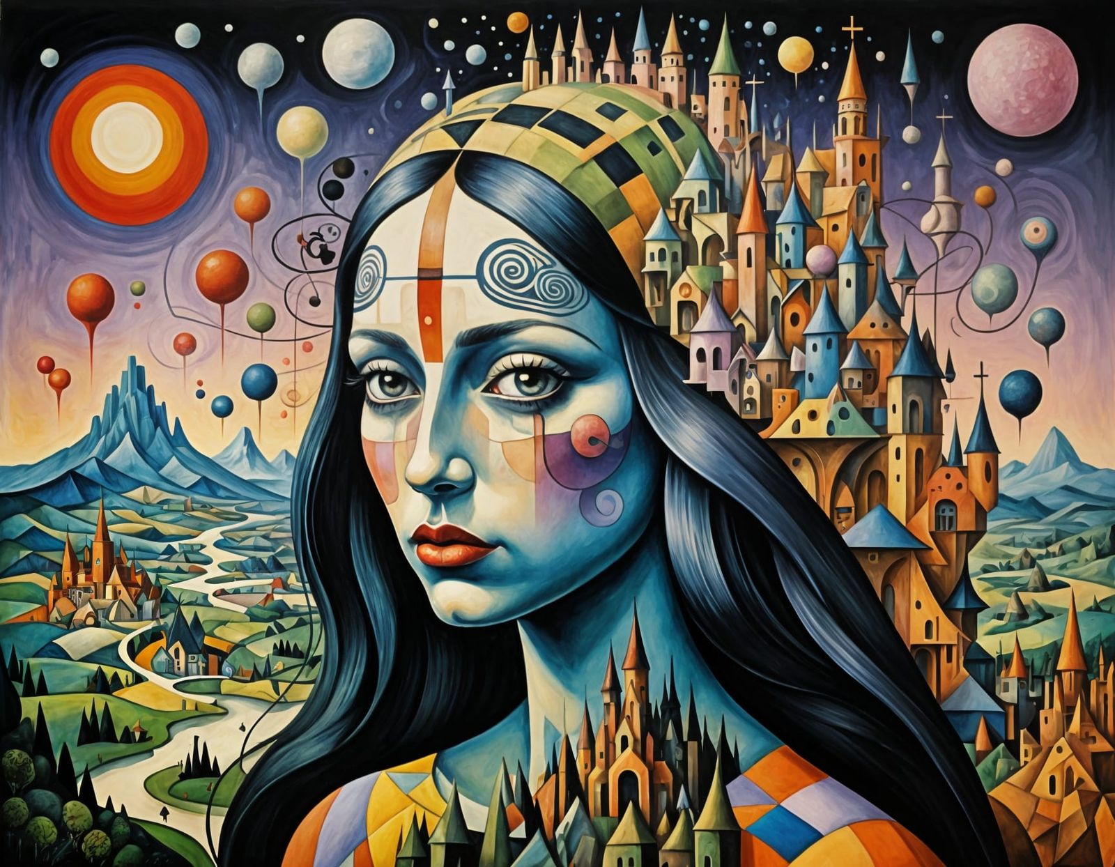 Cubist Woman in Chartreuse and Lavender Hues