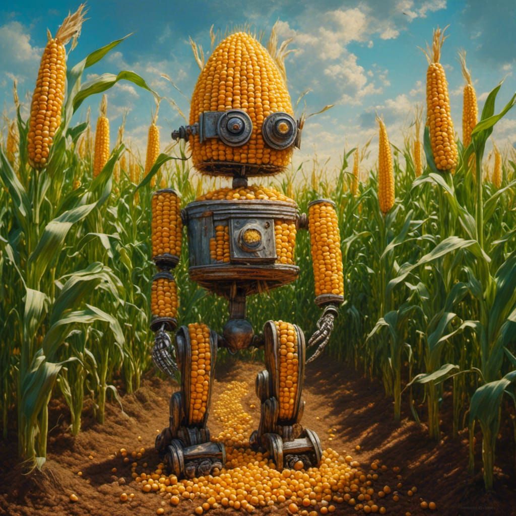 Corn Robot in Field, Oil Painting Style