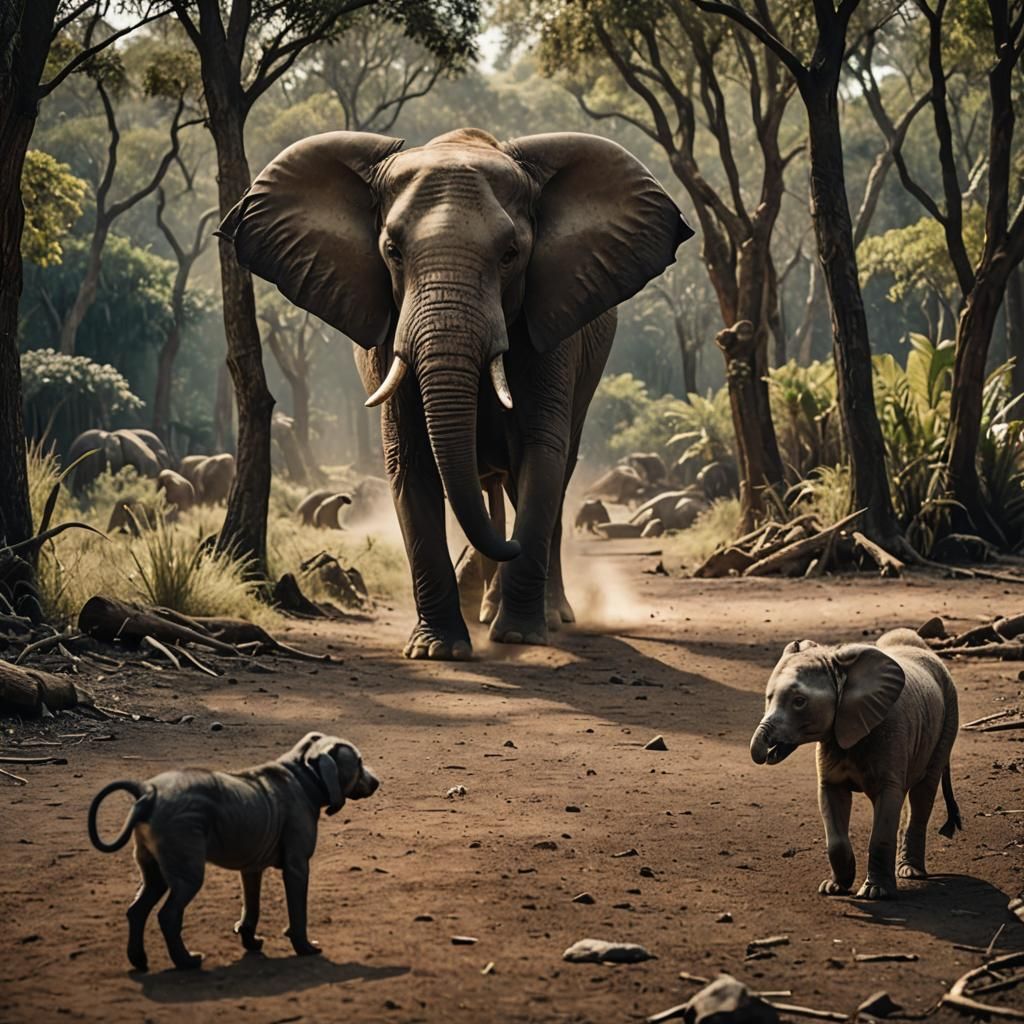 Elephant and Barking Dog in Cinematic Film Still