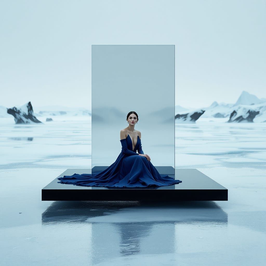 Regal Woman in Blue Gown on Hovering Platform in Frozen Land...