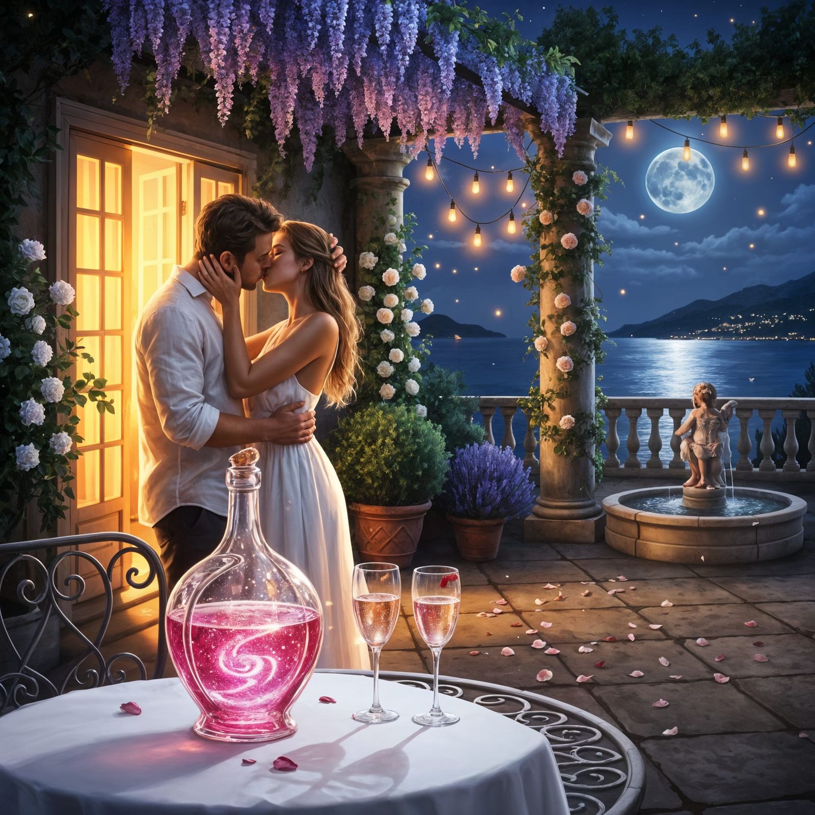 Passionate Kiss on Moonlit Terrace Garden in Impressionist S...