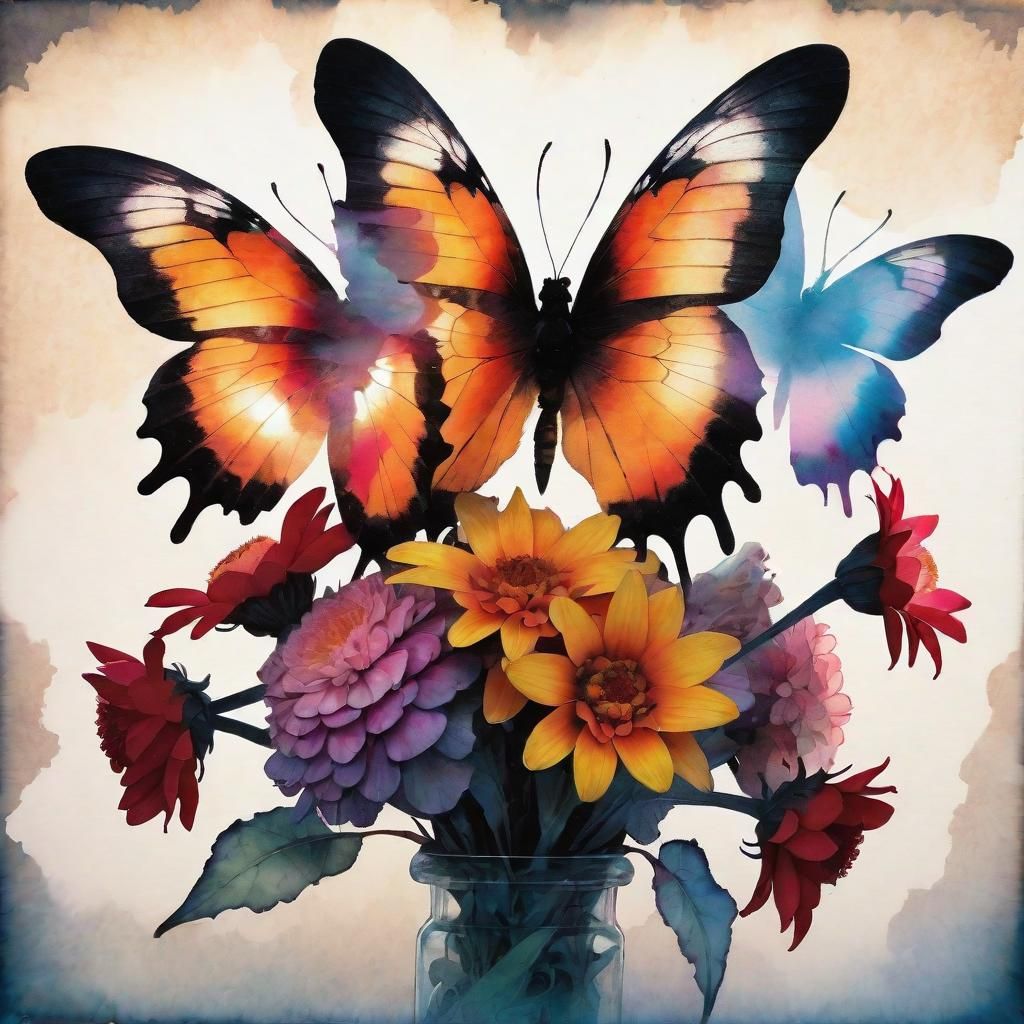 Floral Butterfly Double Exposure in Fantasy Art Style