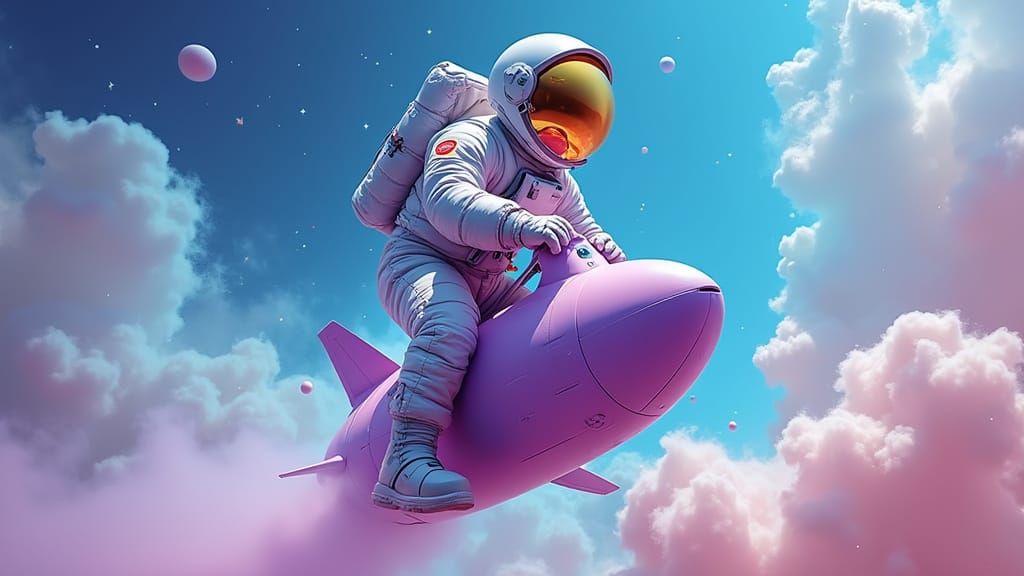 Surreal Astronaut Soars Through Vibrant Candyland Sky in Abs...
