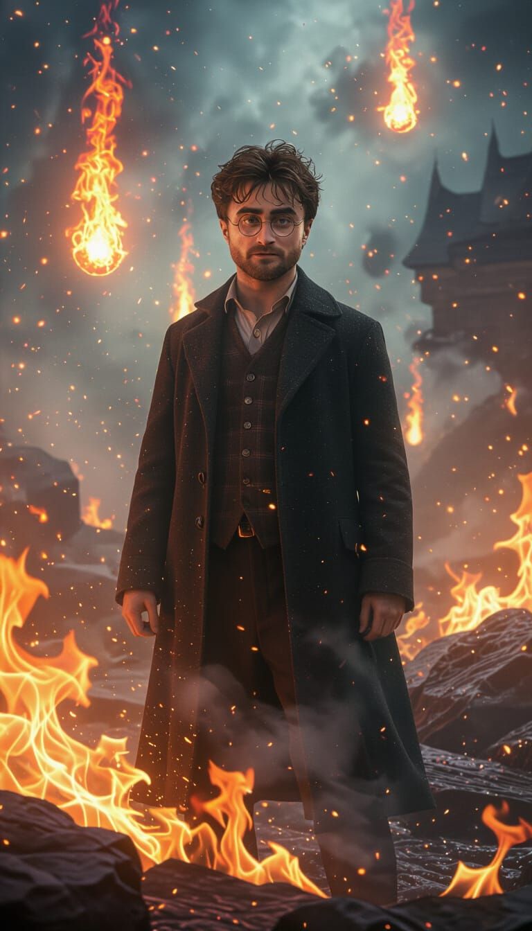 Man Amidst Flaming Comets in Whimsical Style