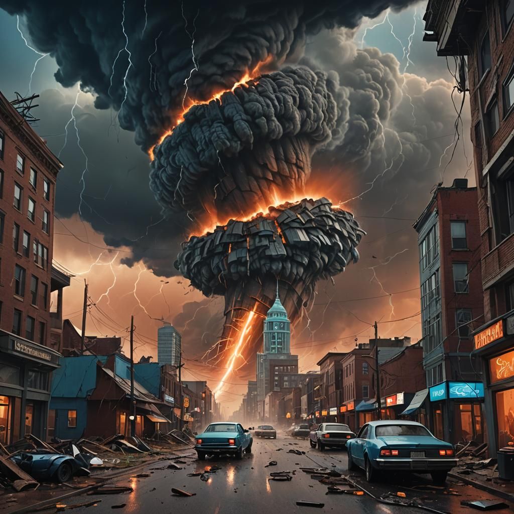 Futuristic City Destroyed by Tornado: Digital Art