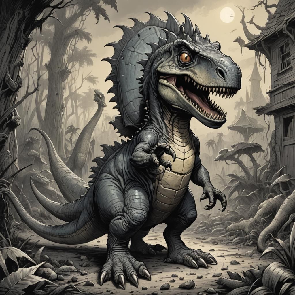 Cute Cartoon Dinosaur with Horror Art Elements