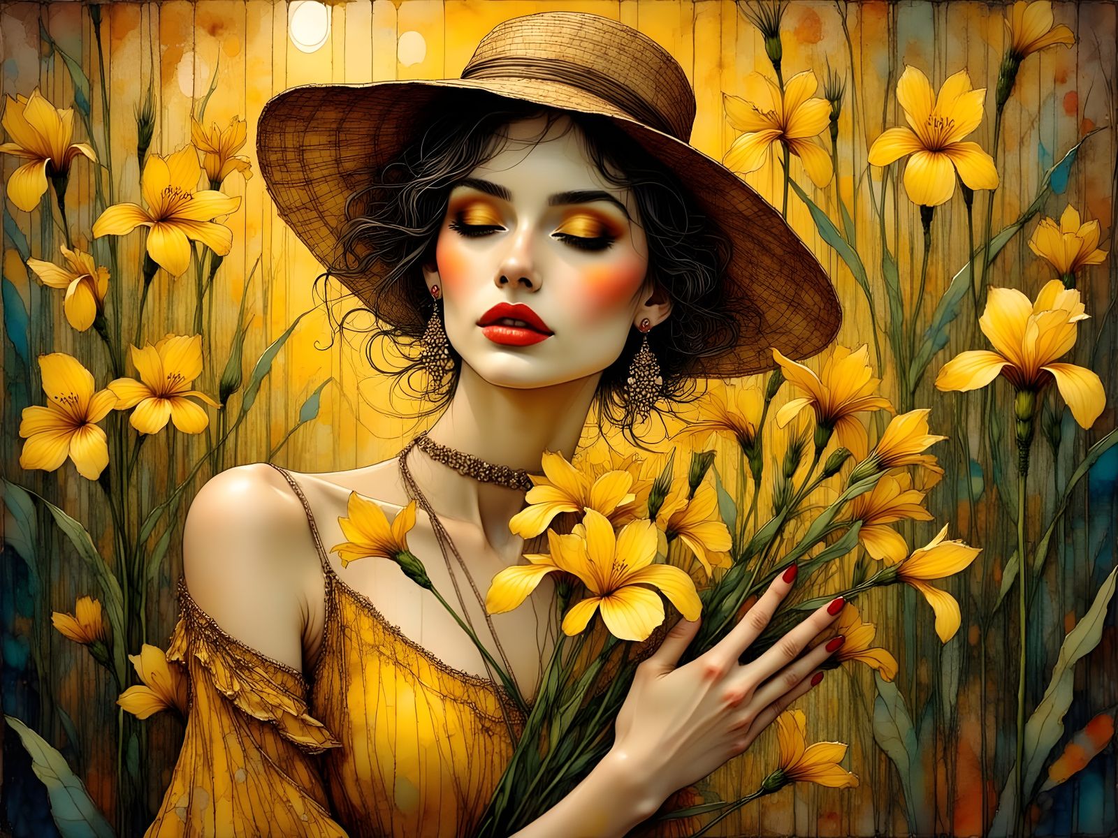 Elegant Woman in a Whimsical Yellow Iris Bouquet Scene