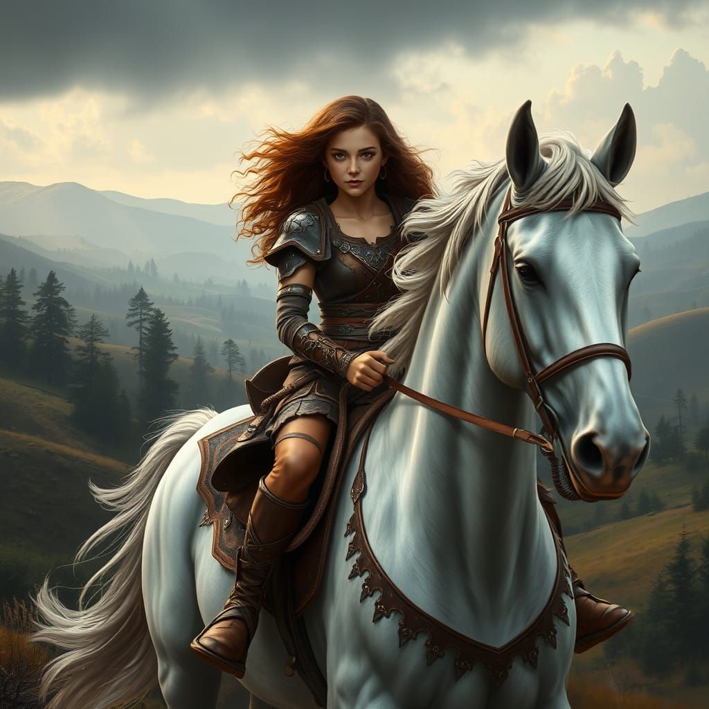 Majestic Fantasy Warrior on a Charging White Horse
