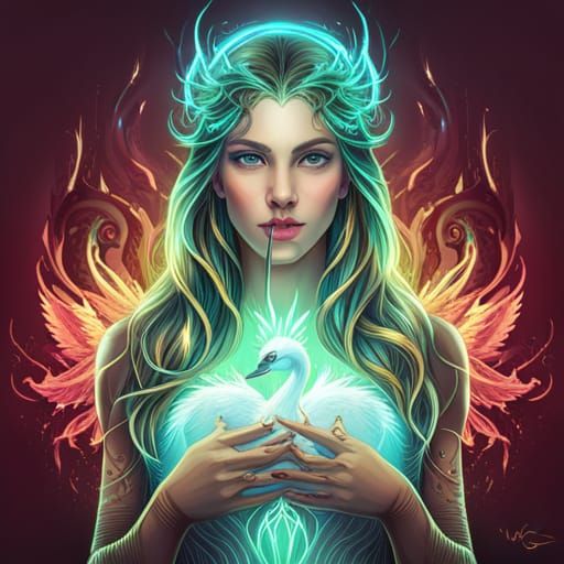 Bioluminescent Cybernetic Swan Goddess: Digital Painting