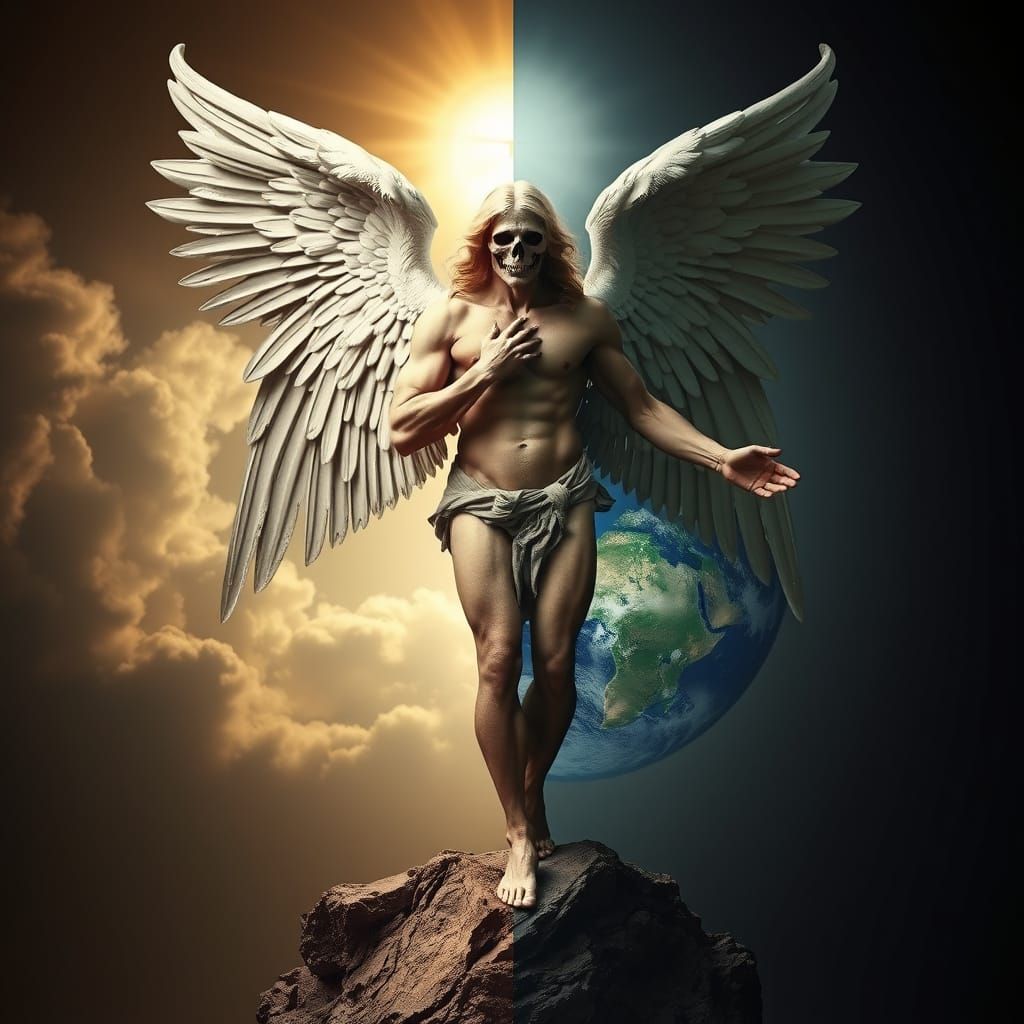 A beefcake angel of death straddling a split image: Heaven on one side, Earth on the other.