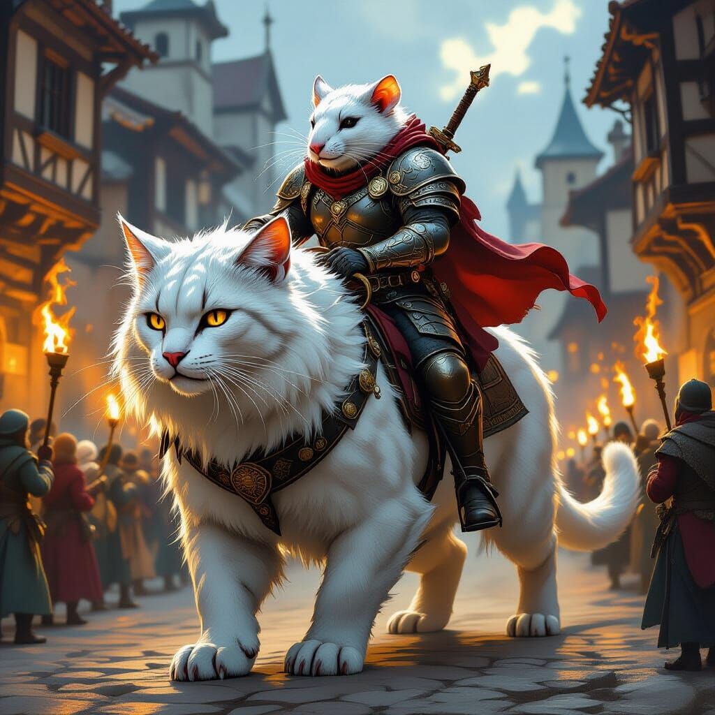 Rat Warrior Rides Giant Cat Through Medieval Town