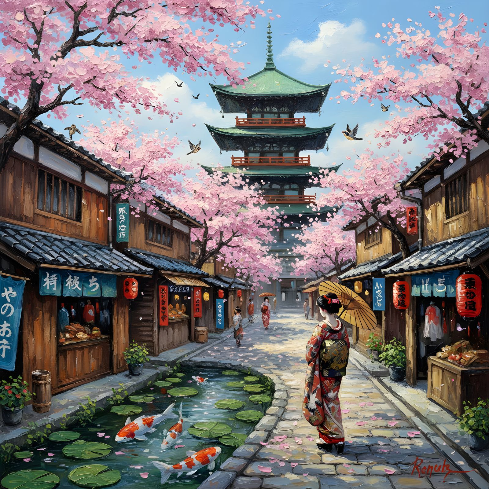 Japanese Street Scene Oil Painting with Geisha and Sakura
