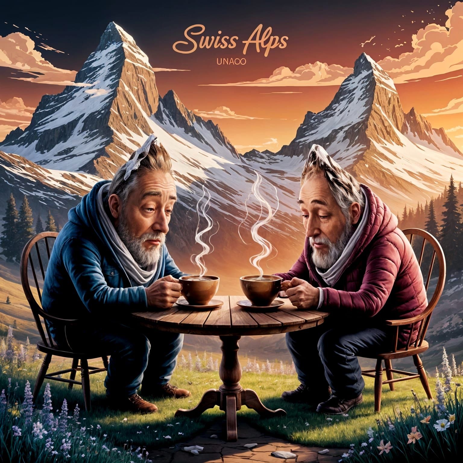 Personified Swiss Alps Mountains Share Coffee Break