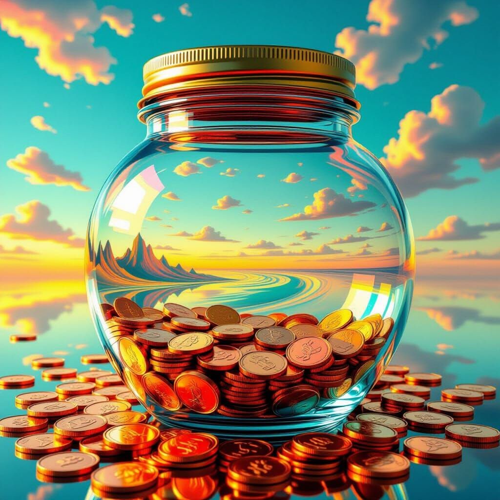 Surreal Dreamscape of Copper Coins in a Jar