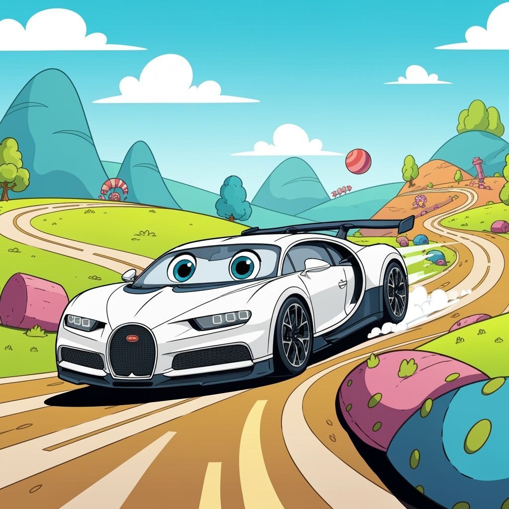 Cartoon Bugatti Races Through Animated Landscape