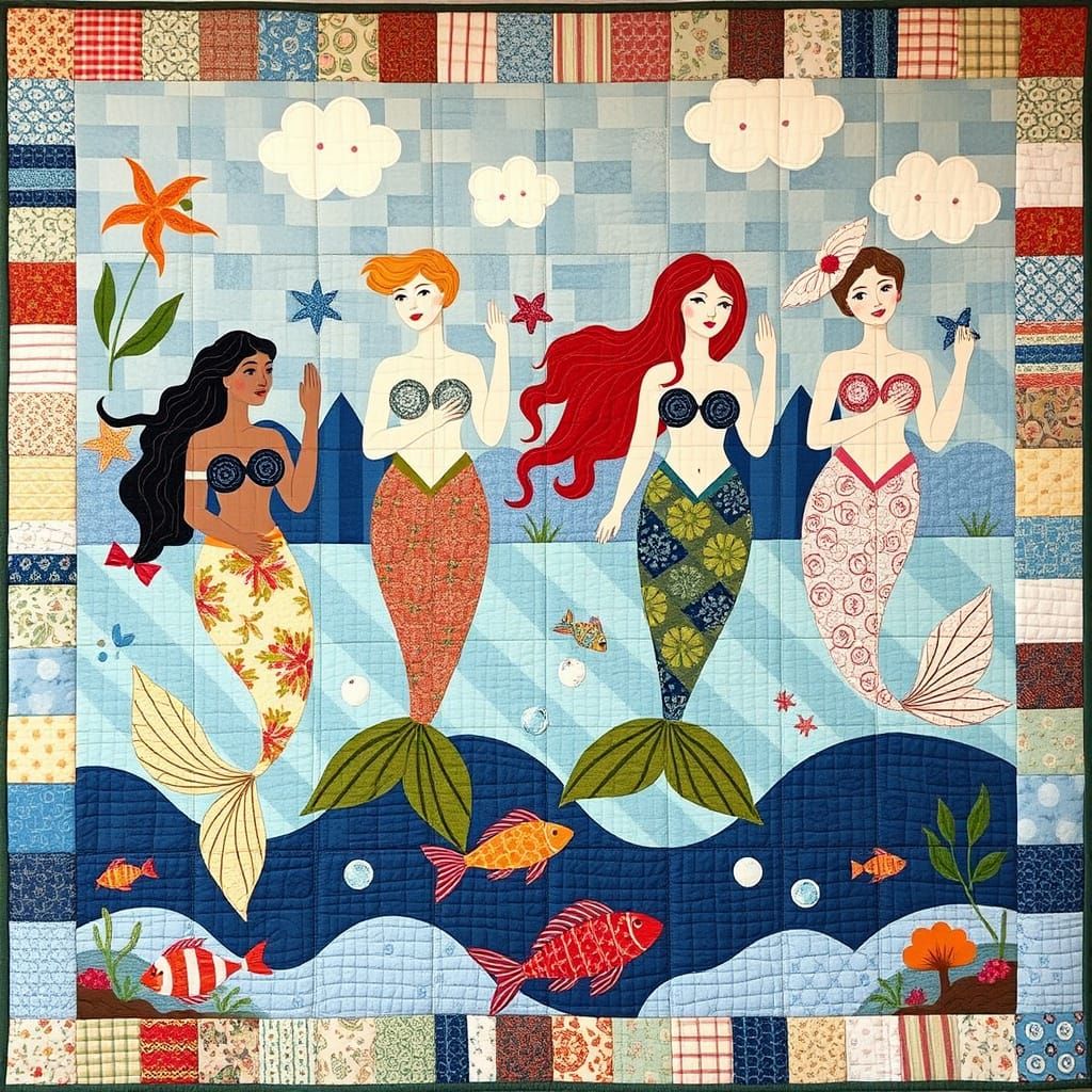 Four Mermaids in a Traditional Folk Quilt