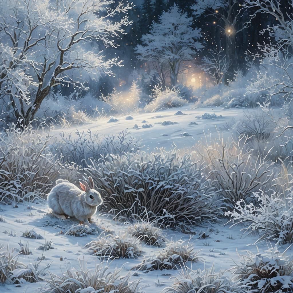 Ethereal Bunny in Snowy Landscape, Kinkade Style