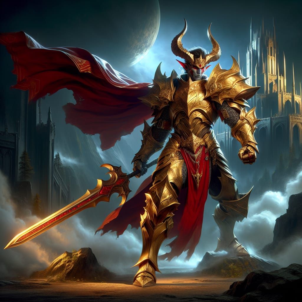 Tiefling Warrior with Greatsword in Dark Fantasy Style