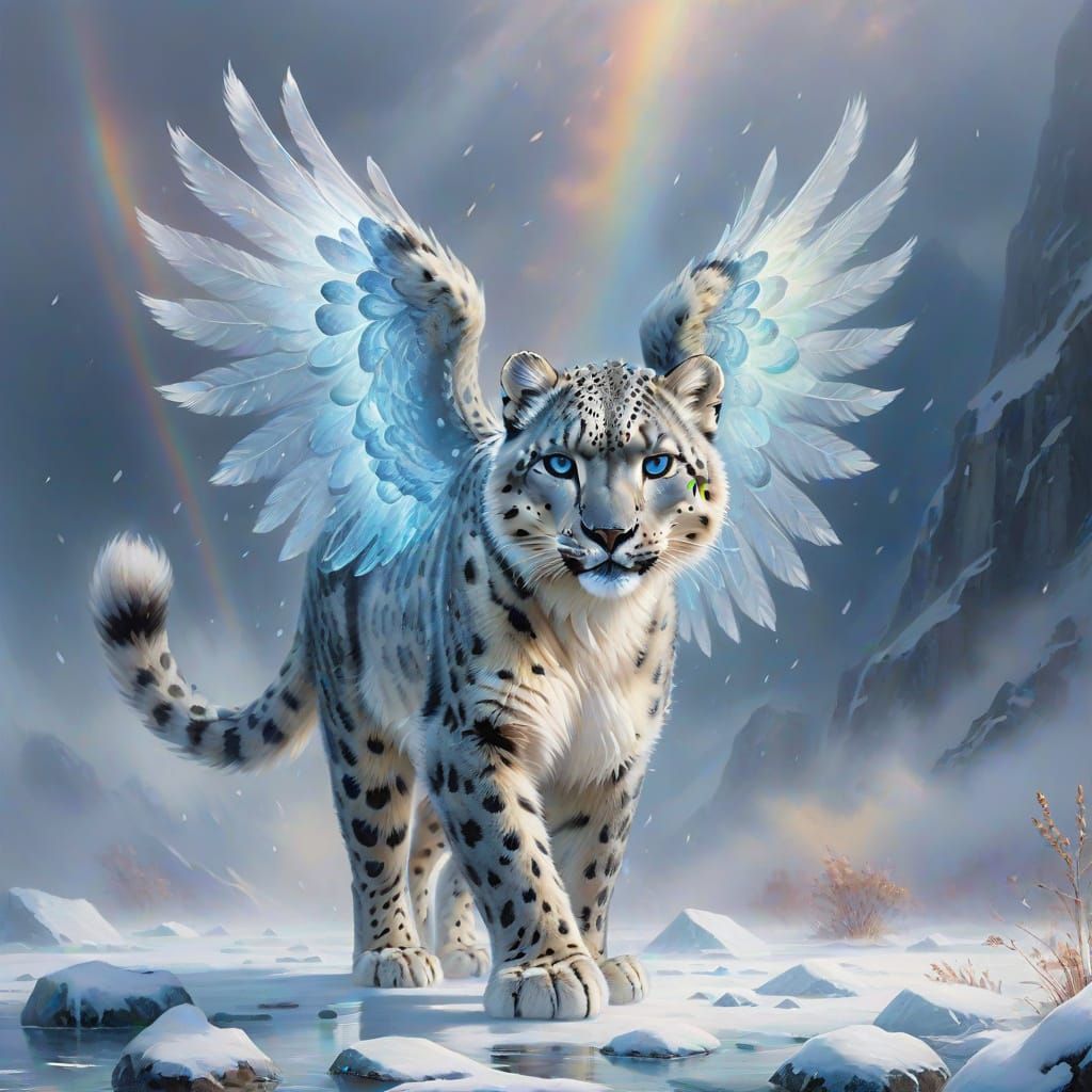 Mystical Snow Leopard Soars Through Whimsical Realism