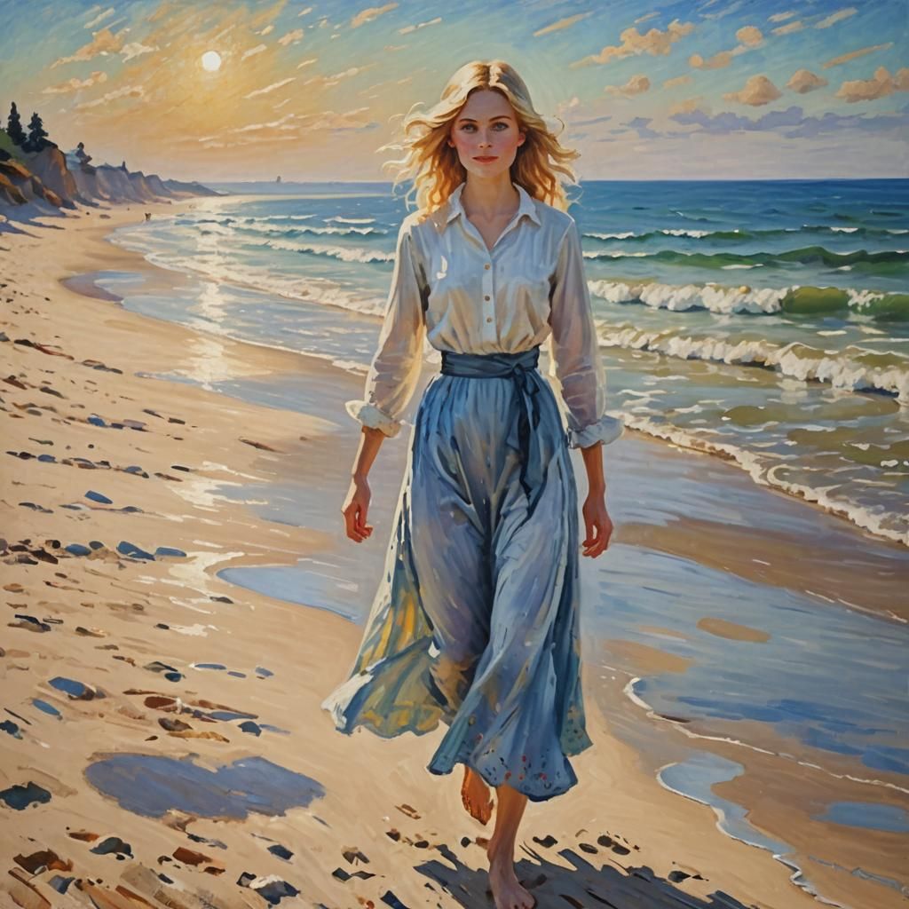 Blonde Woman on Beach in Impressionist Style
