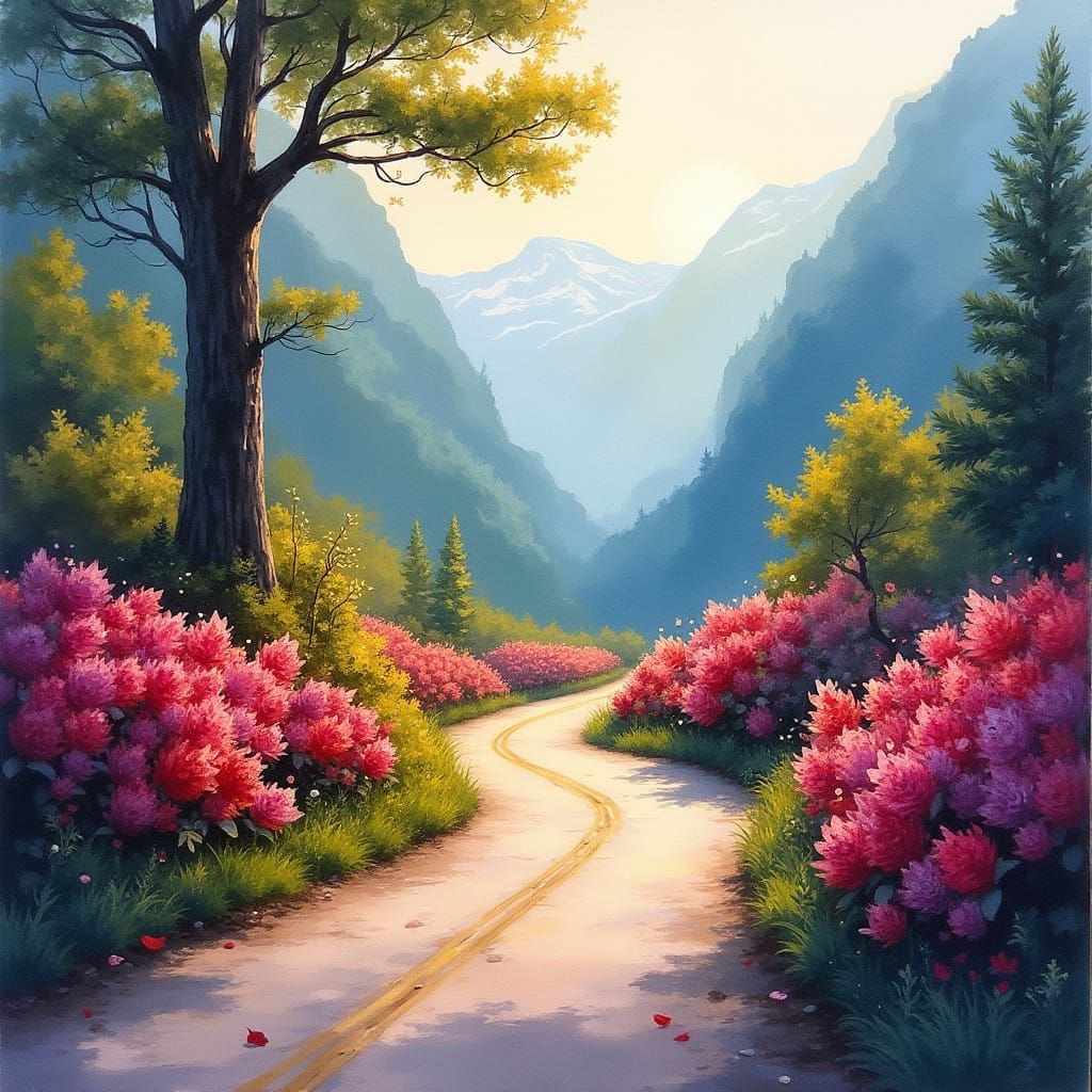 Misty Mountain Road with Rhododendrons in Watercolor Style