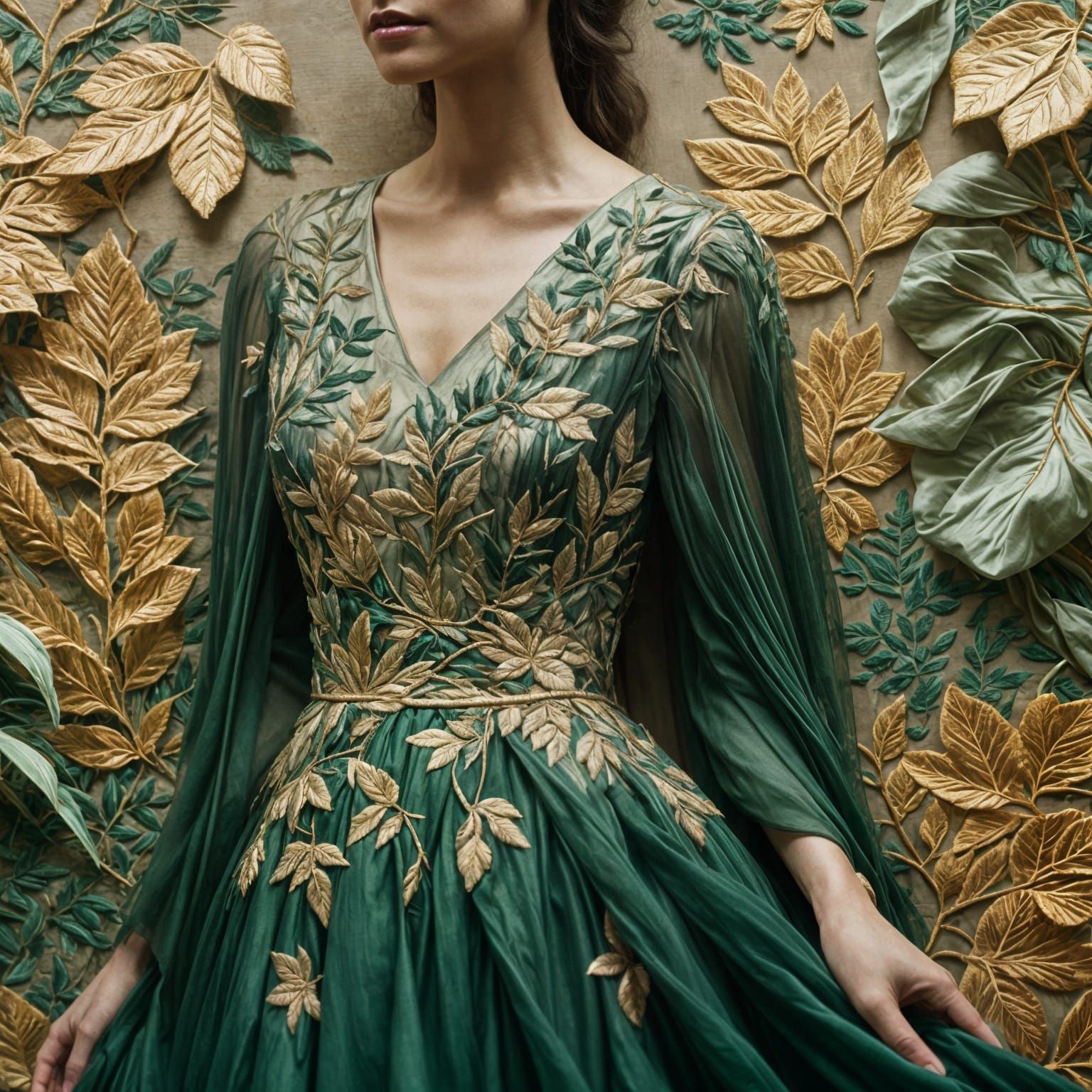 Magical realism. Close-up. A woman in layered gowns surround...