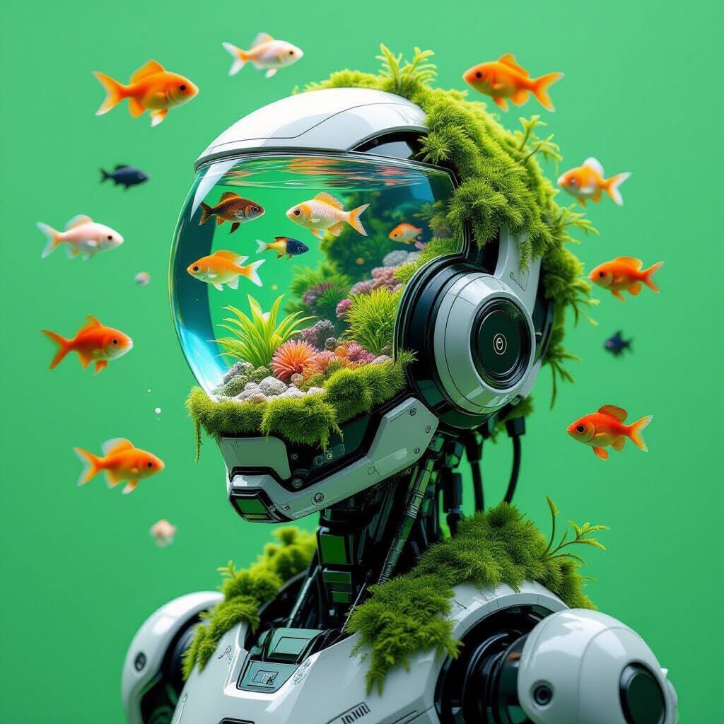 Robotic Sculpture with Mossy Head Aquarium and Colorful Fish