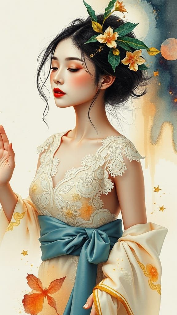 Abstract Asian Woman in Gold Lace, Watercolor Style