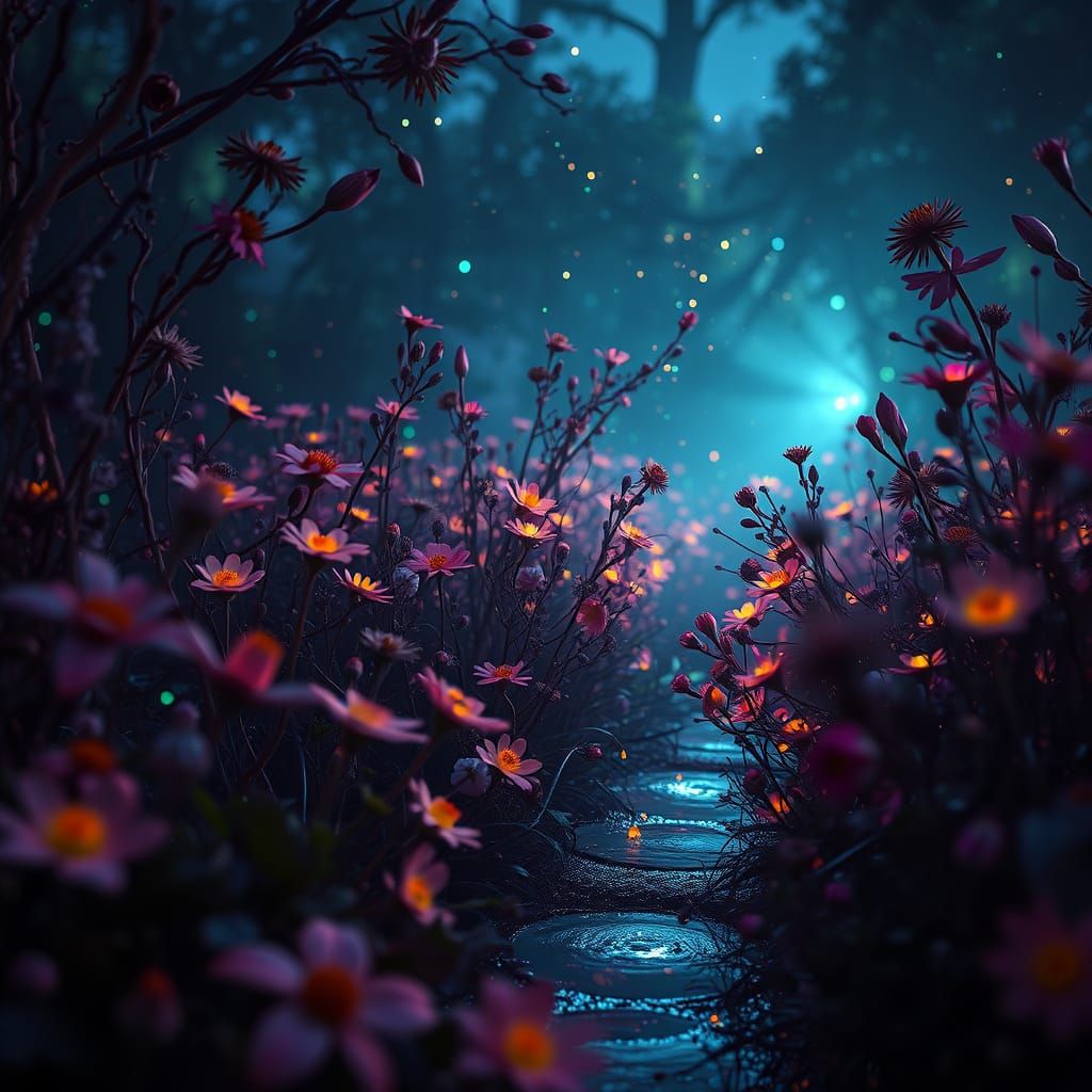 Bioluminescent Garden Drifting in Abyss: Hyperrealistic Rend...