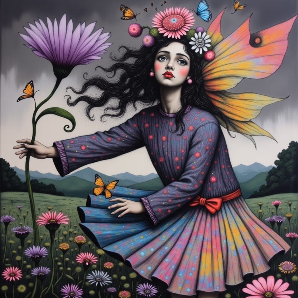 Surreal Fantasy Girl in Whimsical Floral Wonderland