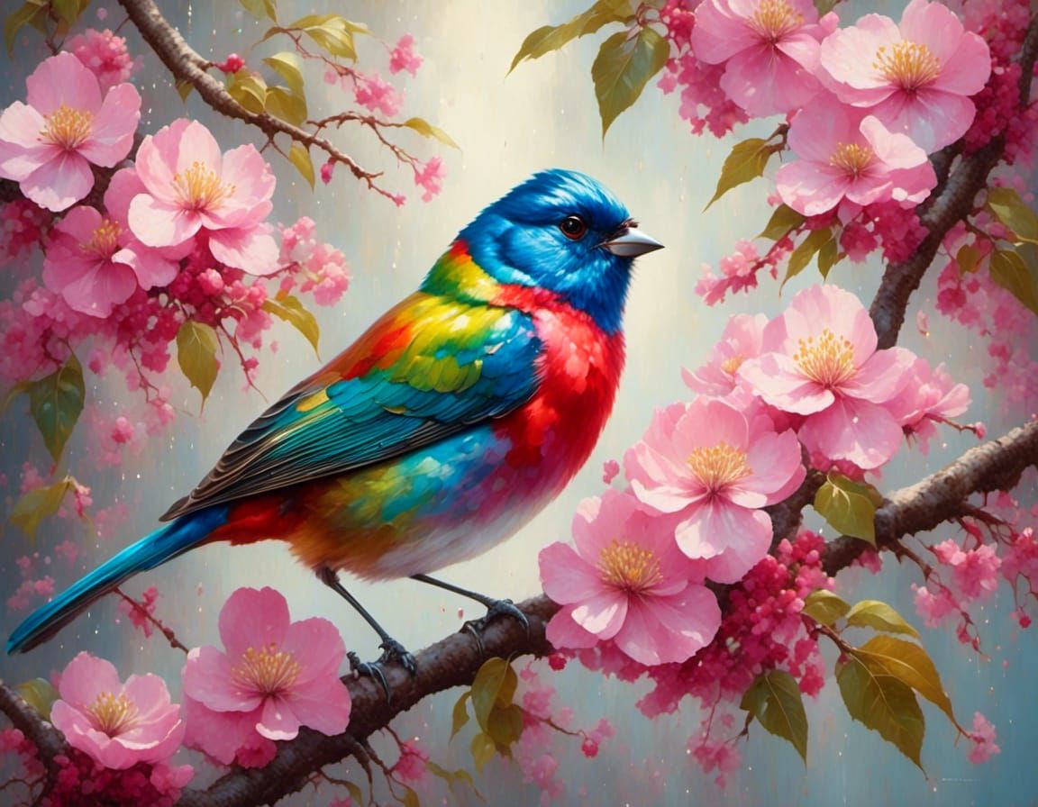 Painted Bunting on Dogwood in Gouache Style