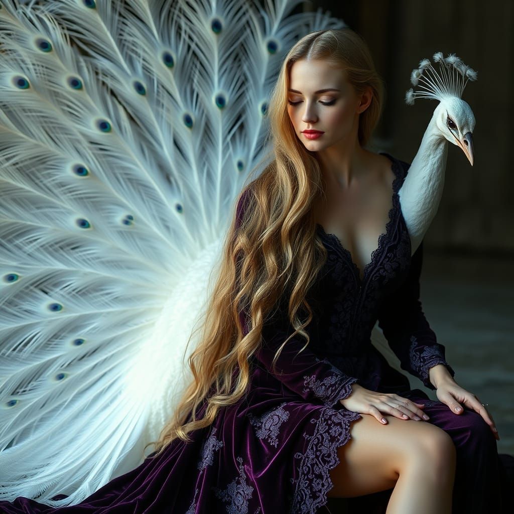 Ethereal Woman in Dark Purple Velvet with Majestic Peacock
