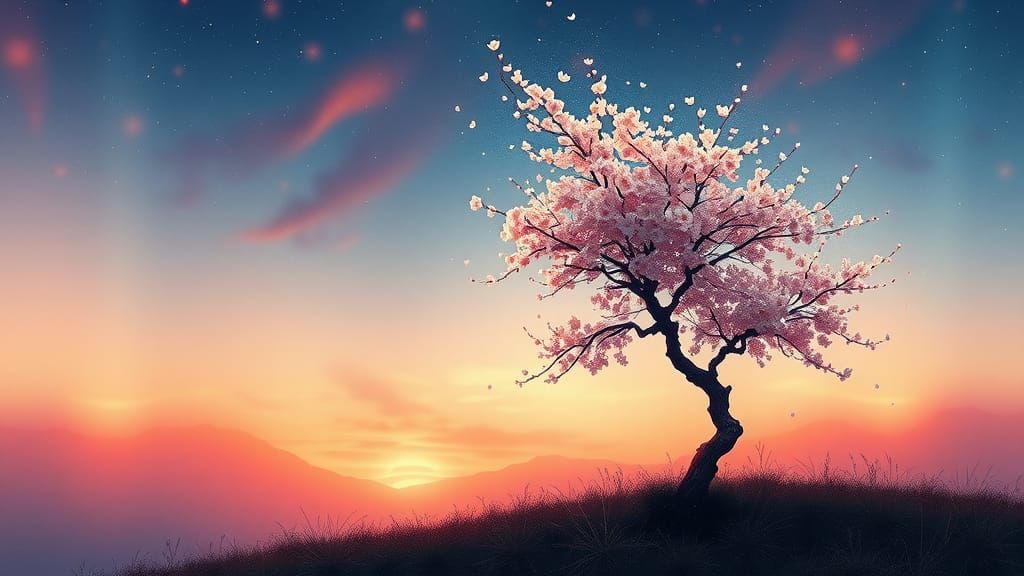 Cherry Blossom Tree in Celestial Twilight