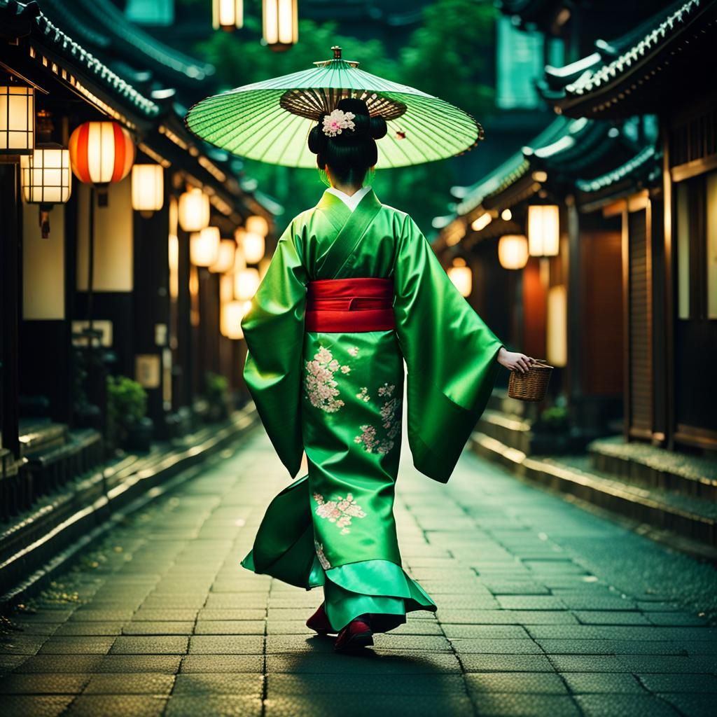 Geisha in Green on Green Lit Street, Japan