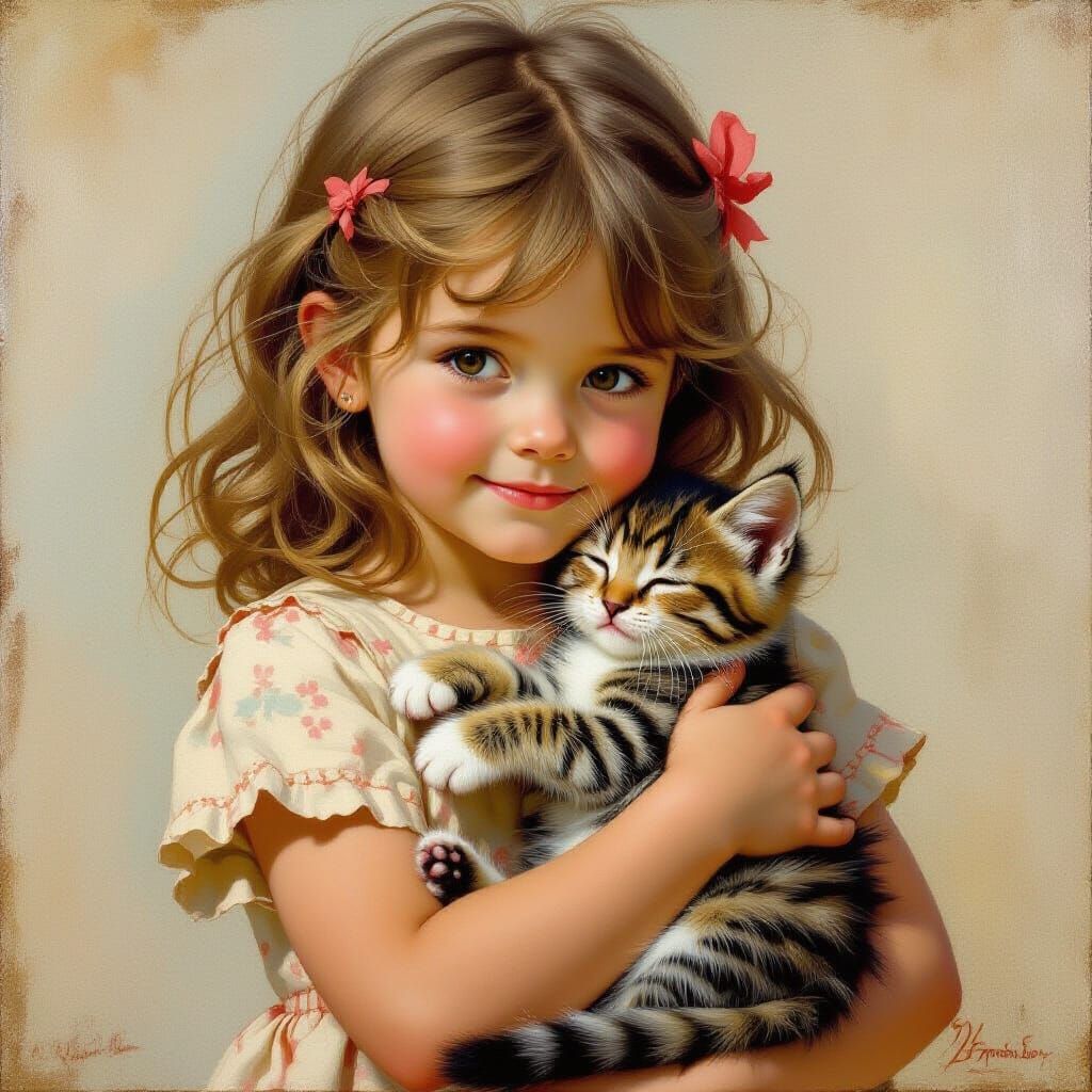 Little Girl Cradles Kitten in Oil Painting Style