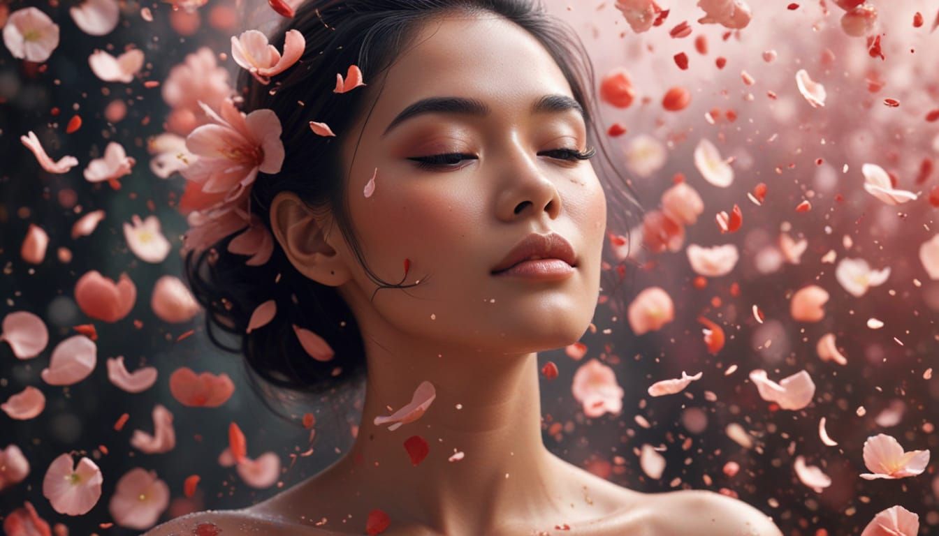 Romantic Matte Painting of Indonesian Woman with Falling Pet...