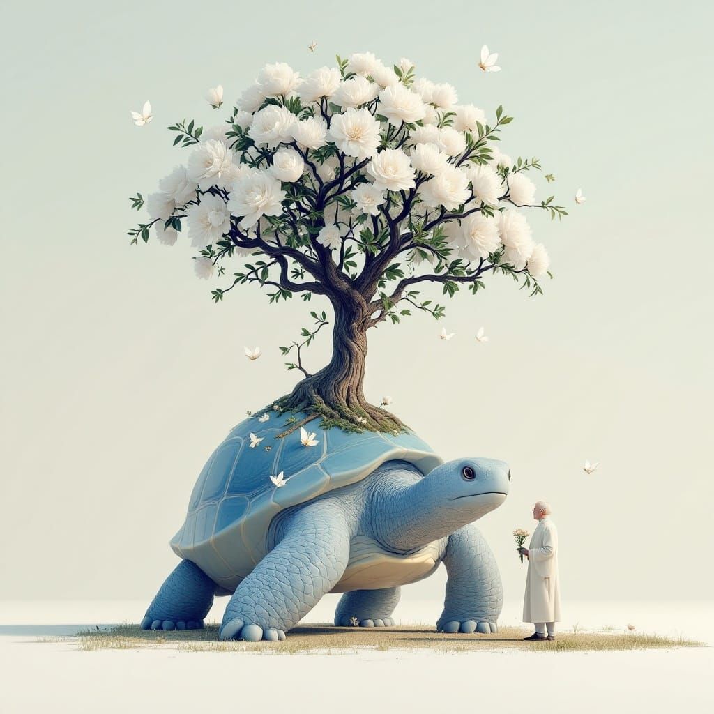 Surreal Blue Turtle Amidst Blossoming Tree in Thanatological...