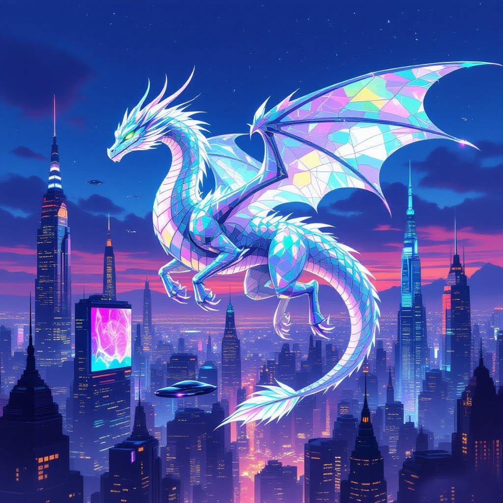 Cyber-Dragon Soars Over Futuristic Cityscape in Neon Twiligh...