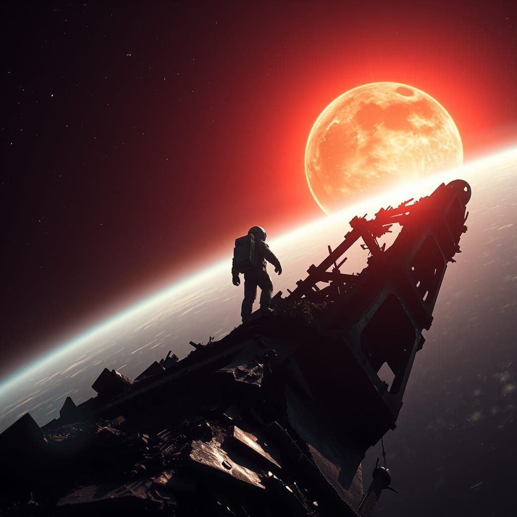 A lone astronaut stands on the edge of a shattered spaceship...